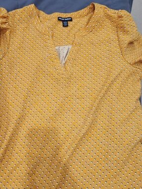 Hilary Radley Mustard Yellow Polka Dot Split-Neck Blouse
